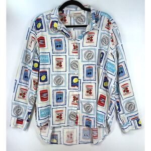 LOFT Can Print Long Sleeve Linen Button Up Shirt XL Italian Artsy As Seen On TV